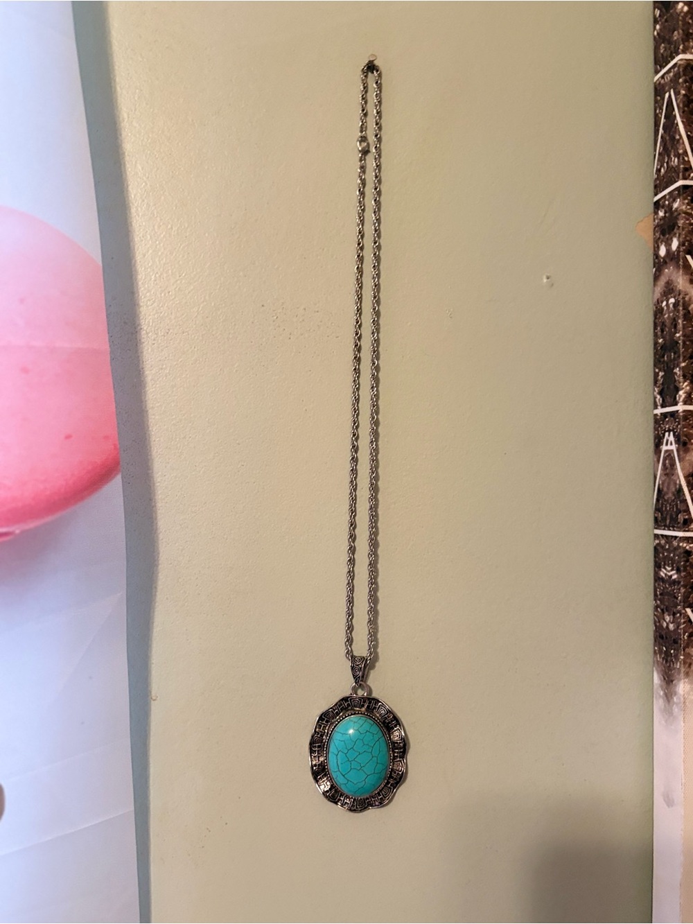 Turquoise Stone Silver Pendant Necklace - Women Jewelry - Picture 3 of 5